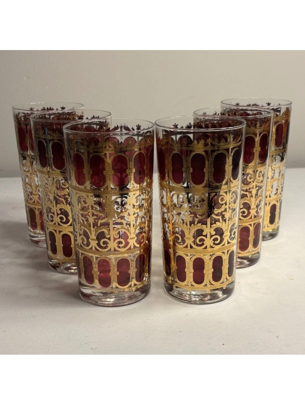 Vintage Culver Cranberry 22K Gold Scroll Highball Glasses set of 6